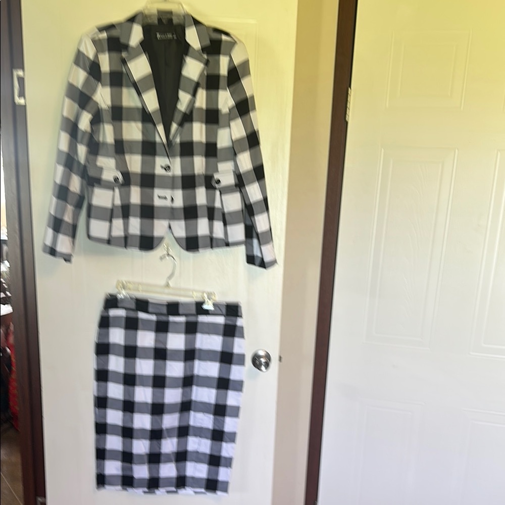 Black and White Checkered Blazer and Skirt Set